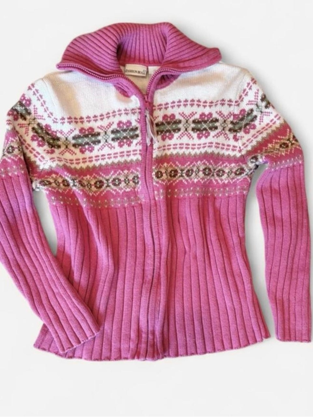 Fashion Bug Pink Fair Isle Zip Cardigan Sweater Small
